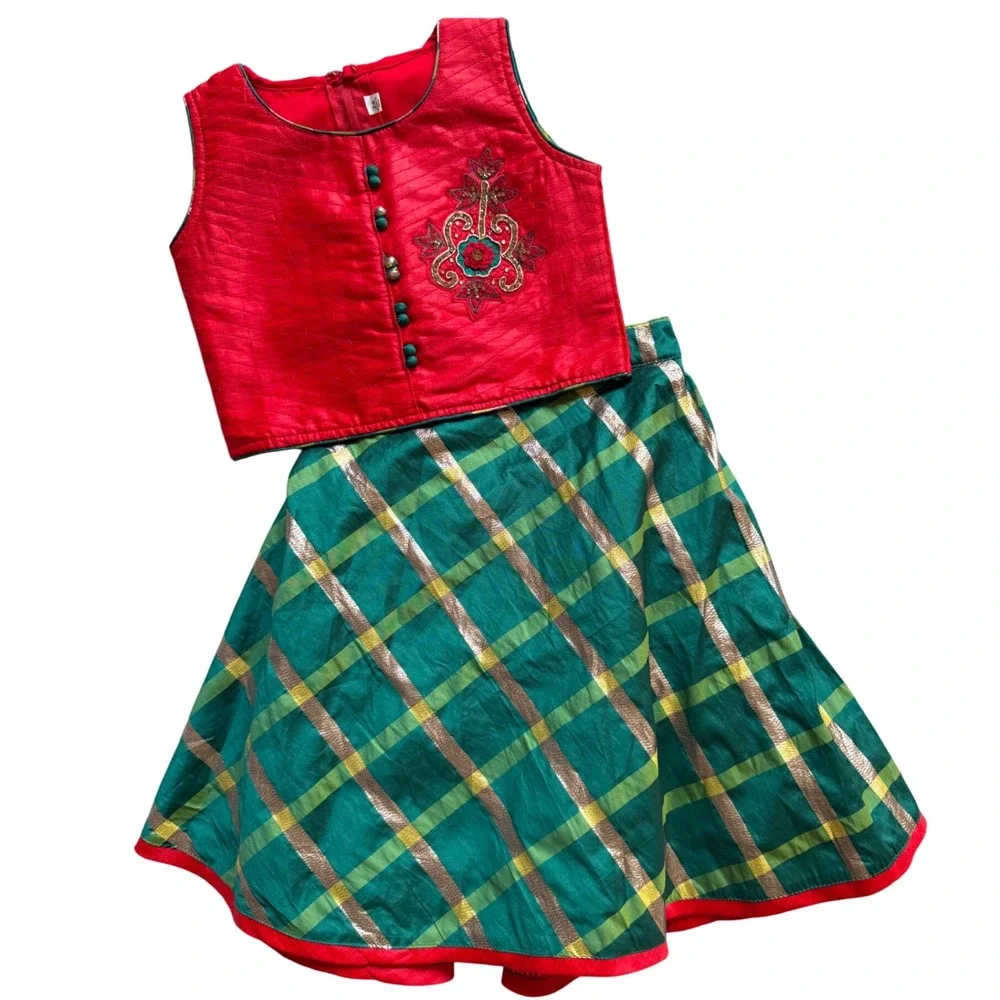 Girls Pavadai Paithani Embroidered Vest & Green Plaid Skirt Set Holiday‎ SZ 24M